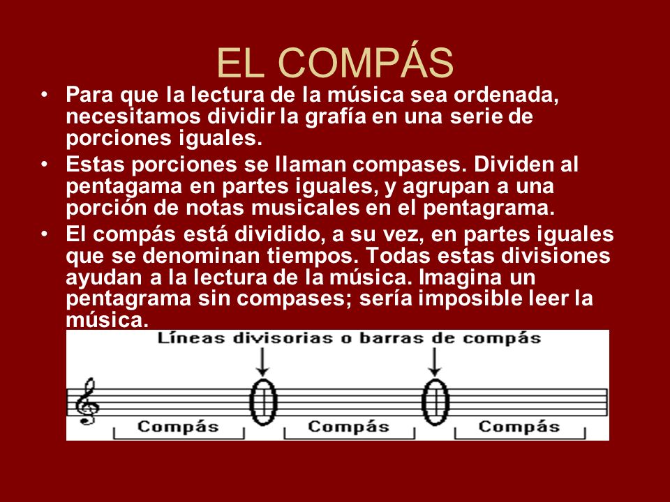 EL COMPÁS Para que la lectura de la música sea ordenada, necesitamos dividir la grafía en una serie de porciones iguales.