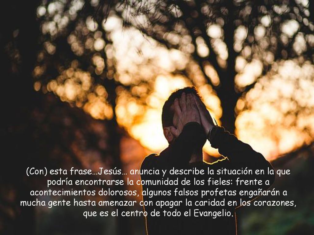 (Con) esta frase…Jesús… anuncia y describe la situación en la que podría encontrarse la comunidad de los fieles: frente a acontecimientos dolorosos, algunos falsos profetas engañarán a mucha gente hasta amenazar con apagar la caridad en los corazones, que es el centro de todo el Evangelio.