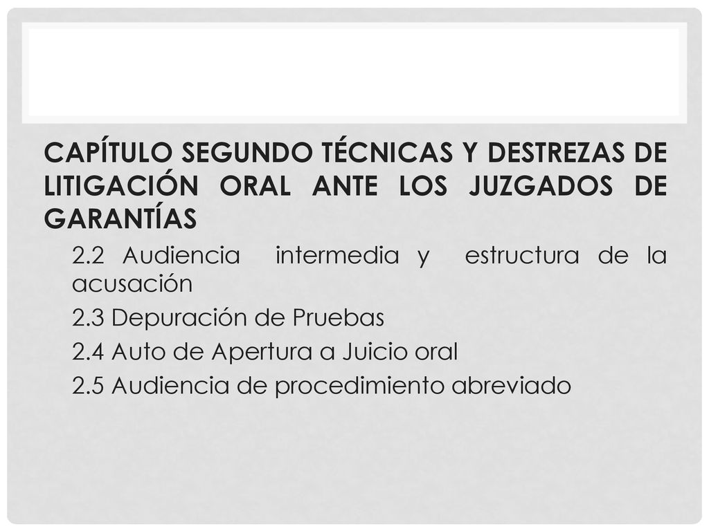 CAPÍTULO SEGUNDO TÉCNICAS Y DESTREZAS DE LITIGACIÓN ORAL ANTE LOS JUZGADOS DE GARANTÍAS