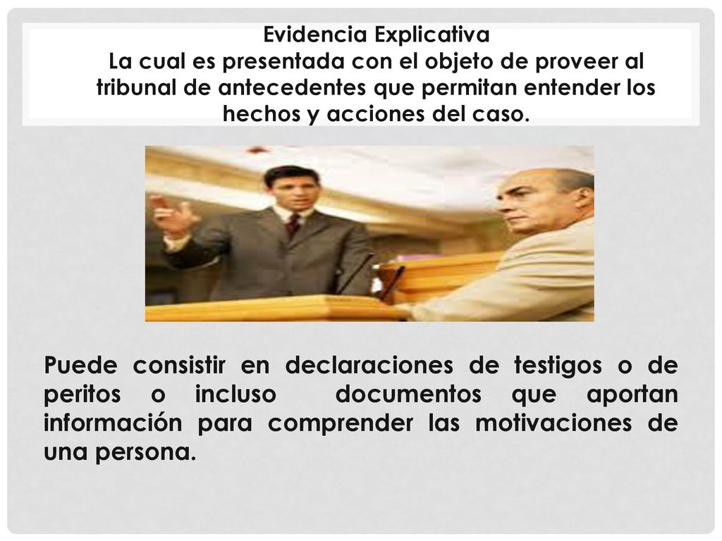 Evidencia Explicativa La cual es presentada con el objeto de proveer al tribunal de antecedentes que permitan entender los hechos y acciones del caso.