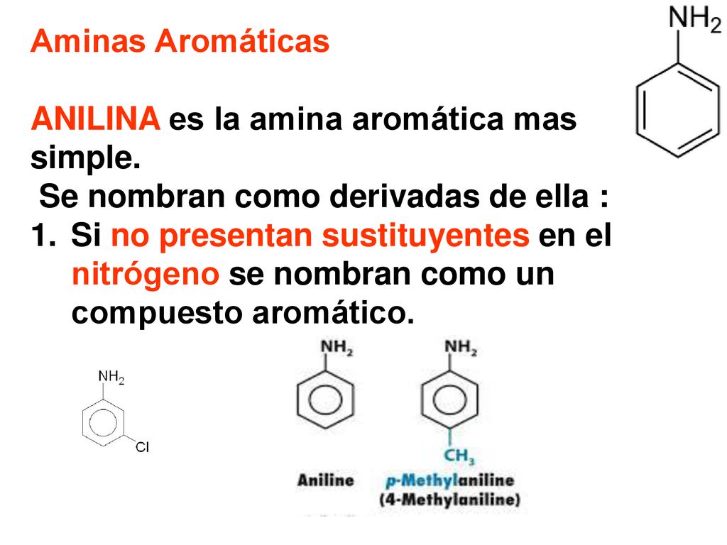 Aminas Aromáticas ANILINA es la amina aromática mas simple. Se nombran como derivadas de ella :