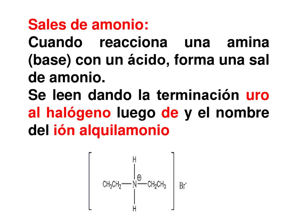 Sales de amonio: Cuando reacciona una amina (base) con un ácido, forma una sal de amonio.