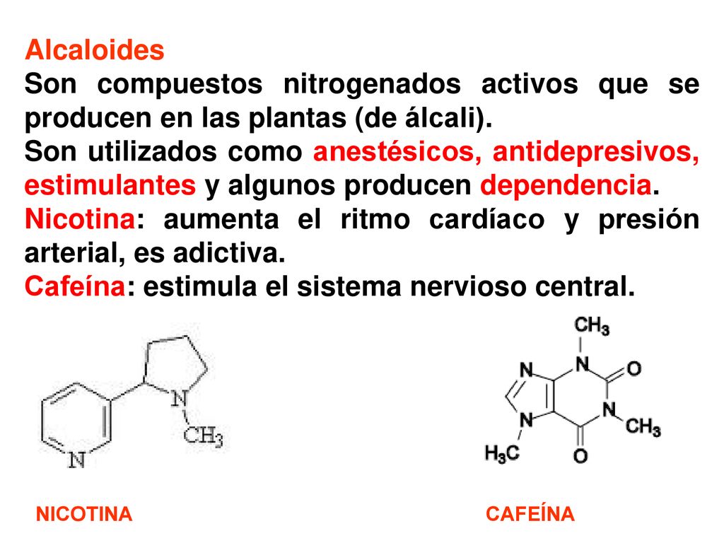Nicotina: aumenta el ritmo cardíaco y presión arterial, es adictiva.