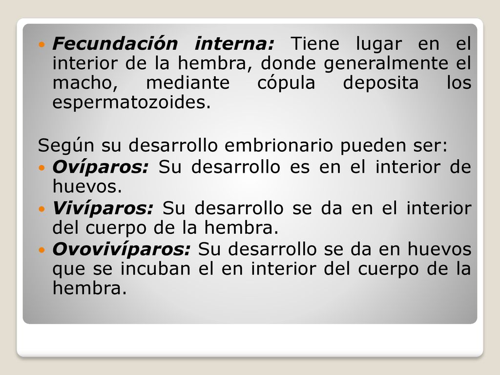 Fecundación interna: Tiene lugar en el interior de la hembra, donde generalmente el macho, mediante cópula deposita los espermatozoides.