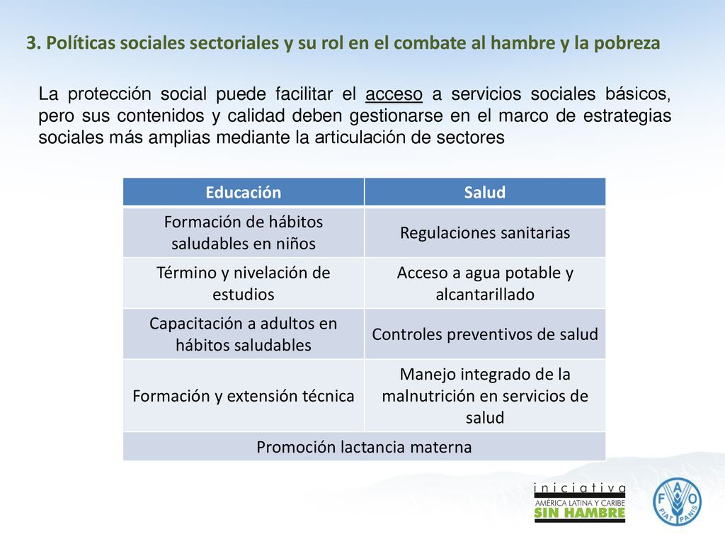 3. Políticas sociales sectoriales y su rol en el combate al hambre y la pobreza