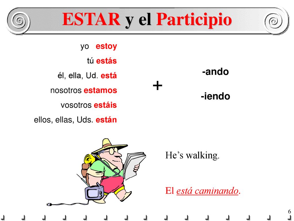 ESTAR y el Participio + -ando -iendo He’s walking. El está caminando.