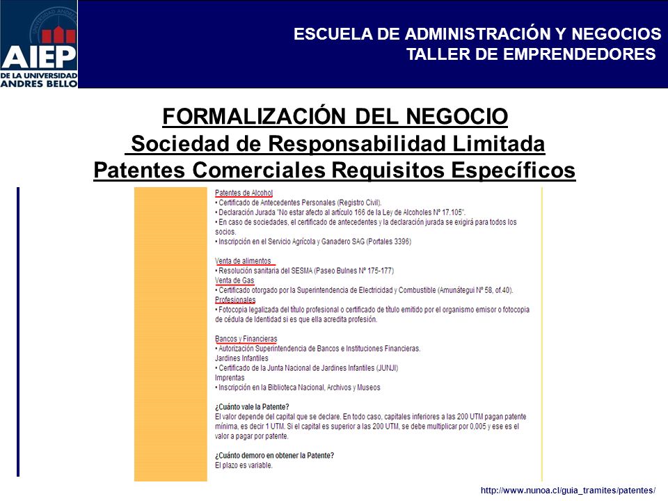 FORMALIZACIÓN DEL NEGOCIO Sociedad de Responsabilidad Limitada Patentes Comerciales Requisitos Específicos