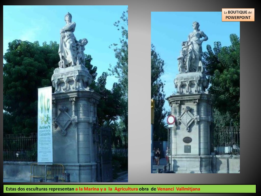 Estas dos esculturas representan a la Marina y a la Agricultura obra de Venanci Vallmitjana