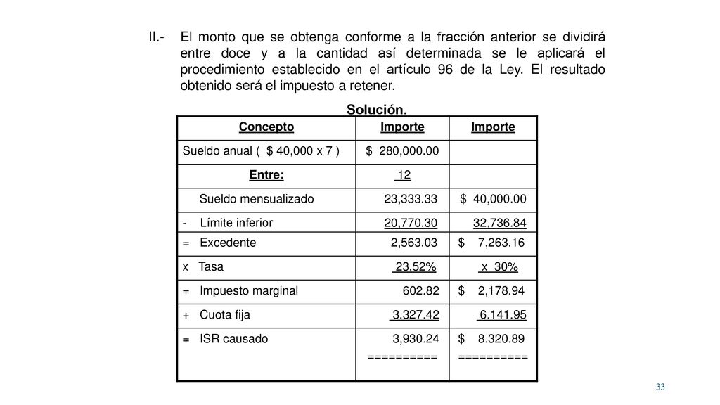 II.- El monto que se obtenga conforme a la fracción anterior se dividirá entre doce y a la cantidad así determinada se le aplicará el procedimiento establecido en el artículo 96 de la Ley. El resultado obtenido será el impuesto a retener.