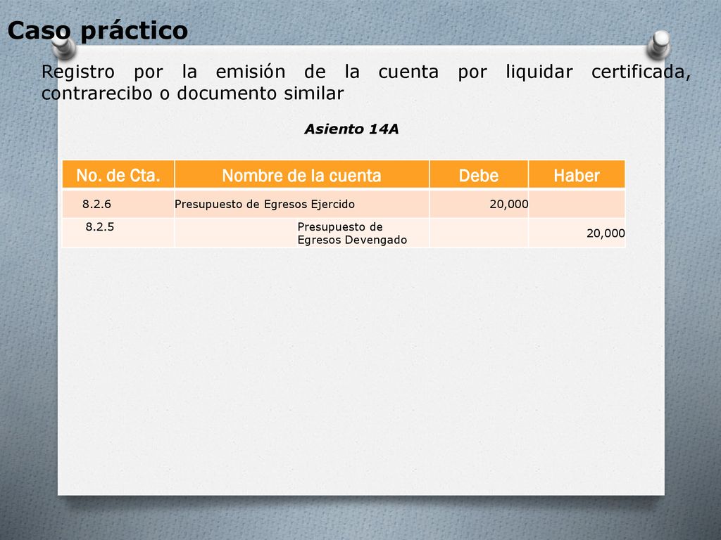 Caso práctico Registro por la emisión de la cuenta por liquidar certificada, contrarecibo o documento similar.
