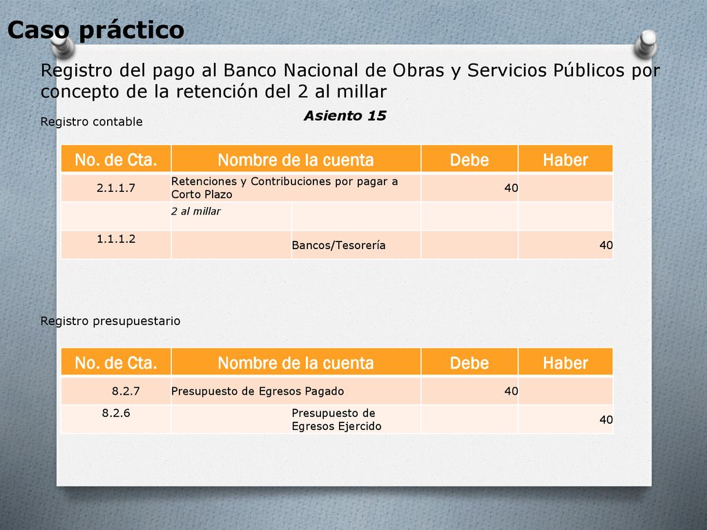 Caso práctico Registro del pago al Banco Nacional de Obras y Servicios Públicos por concepto de la retención del 2 al millar.