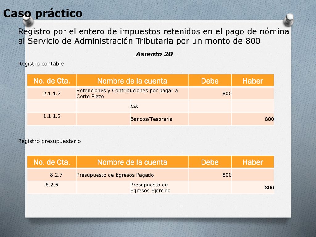 Caso práctico Registro por el entero de impuestos retenidos en el pago de nómina al Servicio de Administración Tributaria por un monto de 800.