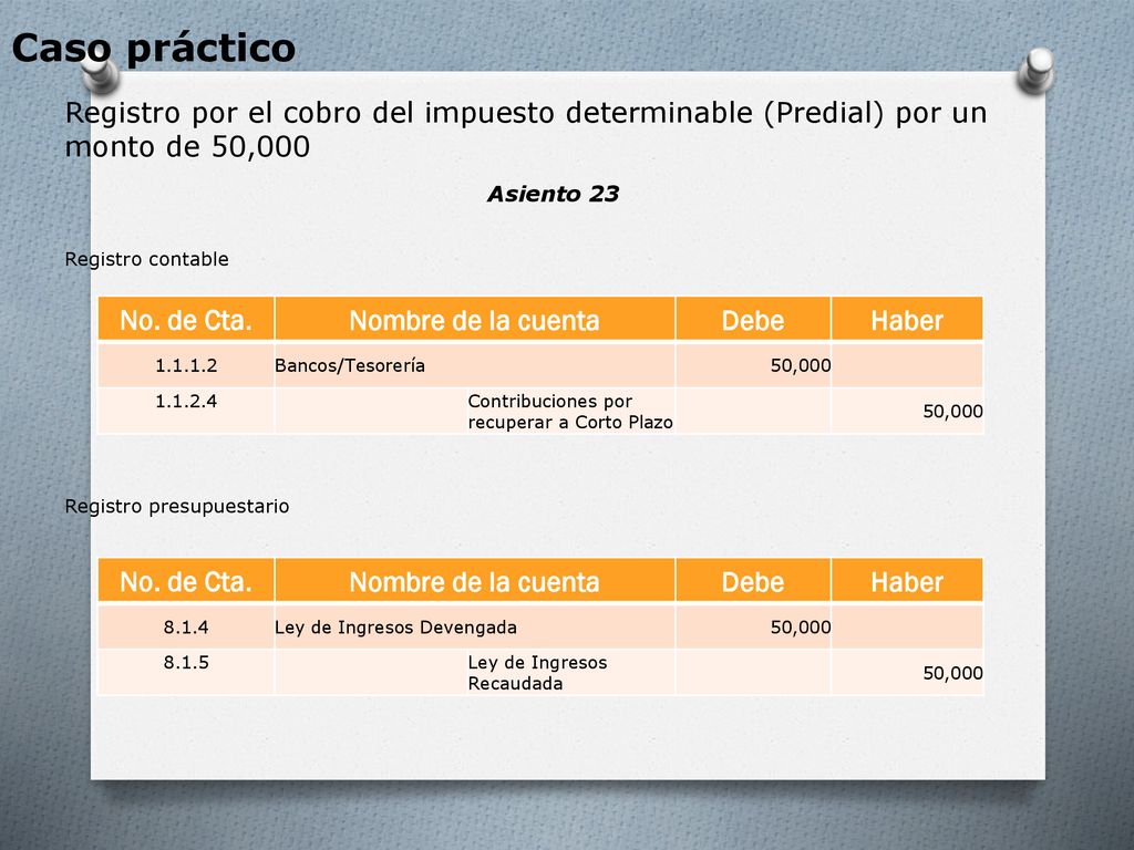 Caso práctico Registro por el cobro del impuesto determinable (Predial) por un monto de 50,000. Asiento 23.