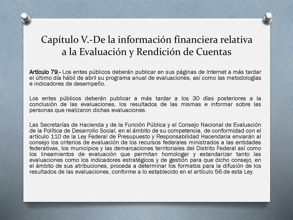 Capítulo V.-De la información financiera relativa a la Evaluación y Rendición de Cuentas