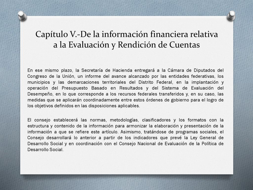 Capítulo V.-De la información financiera relativa a la Evaluación y Rendición de Cuentas