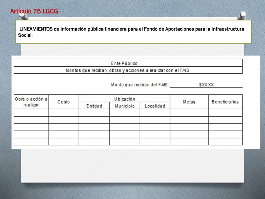 Artículo 75 LGCG LINEAMIENTOS de información pública financiera para el Fondo de Aportaciones para la Infraestructura Social.