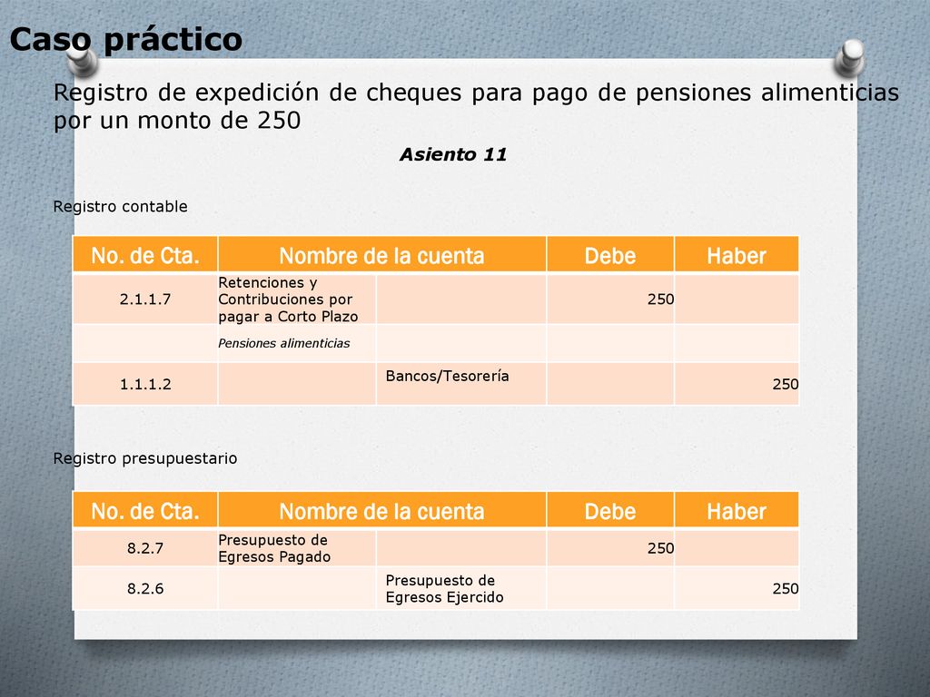 Caso práctico Registro de expedición de cheques para pago de pensiones alimenticias por un monto de 250.