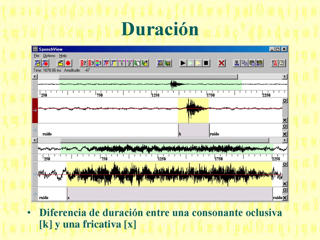 Duración Diferencia de duración entre una consonante oclusiva [k] y una fricativa [x]