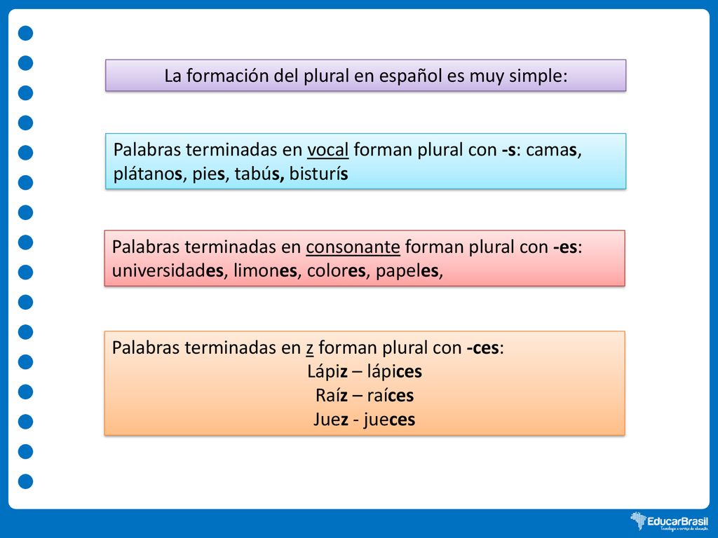 La formación del plural en español es muy simple: