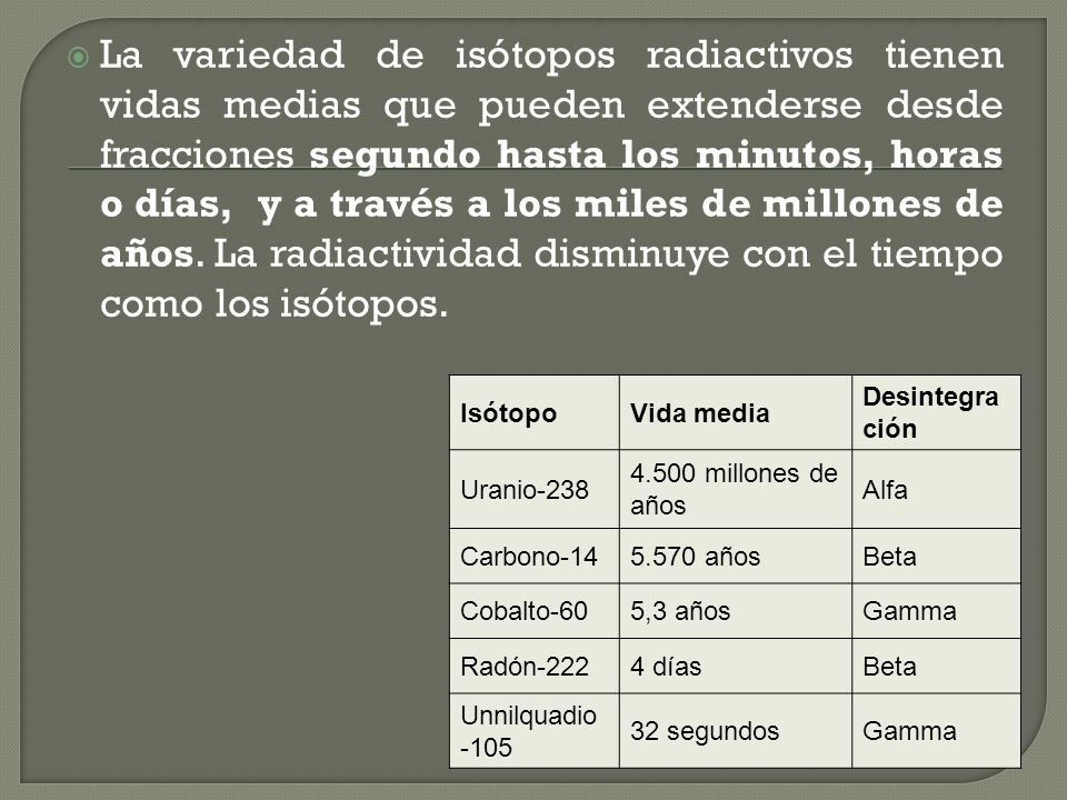 La variedad de isótopos radiactivos tienen vidas medias que pueden extenderse desde fracciones segundo hasta los minutos, horas o días, y a través a los miles de millones de años. La radiactividad disminuye con el tiempo como los isótopos.