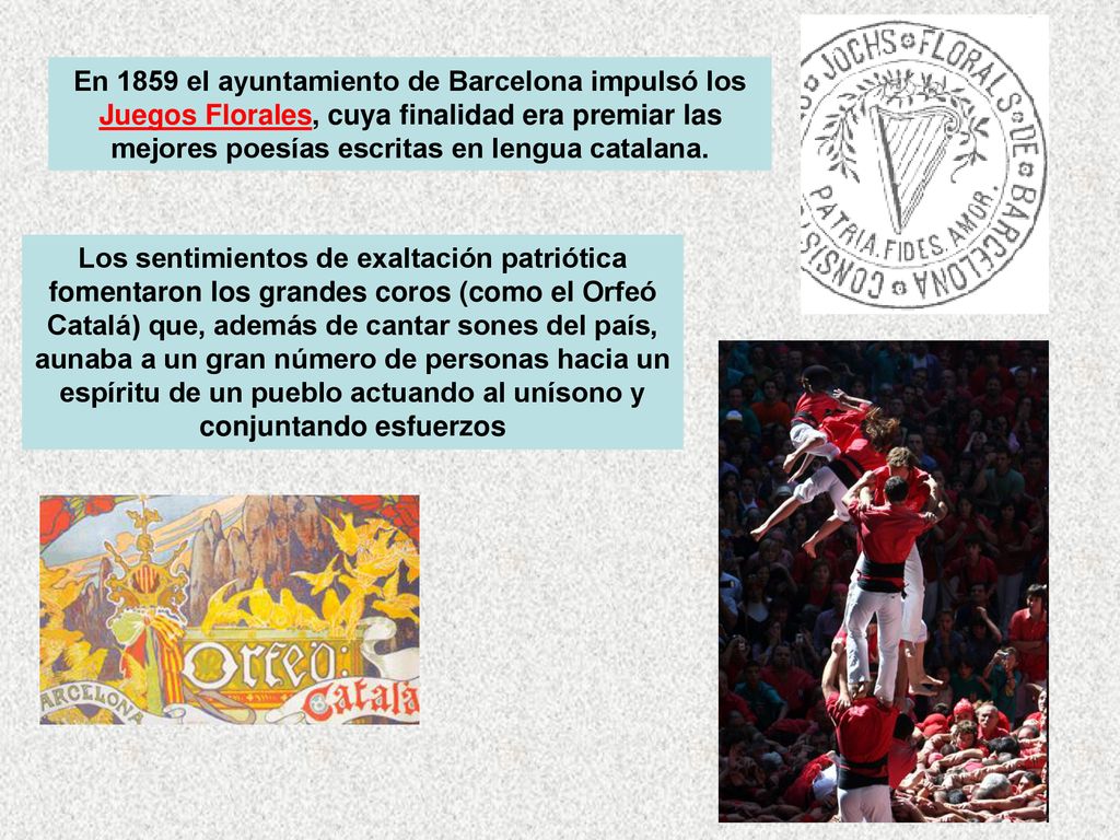 En 1859 el ayuntamiento de Barcelona impulsó los Juegos Florales, cuya finalidad era premiar las mejores poesías escritas en lengua catalana.