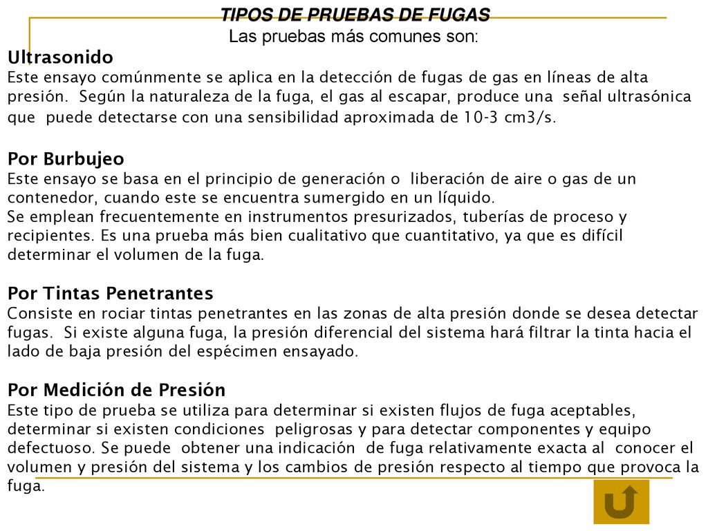 TIPOS DE PRUEBAS DE FUGAS Las pruebas más comunes son: Ultrasonido