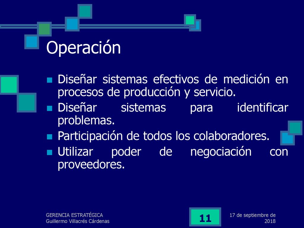 lunes, 17 de septiembre de 2018 Operación. Diseñar sistemas efectivos de medición en procesos de producción y servicio.