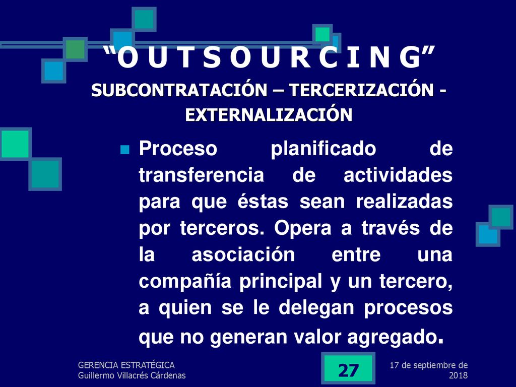lunes, 17 de septiembre de 2018 O U T S O U R C I N G SUBCONTRATACIÓN – TERCERIZACIÓN - EXTERNALIZACIÓN.