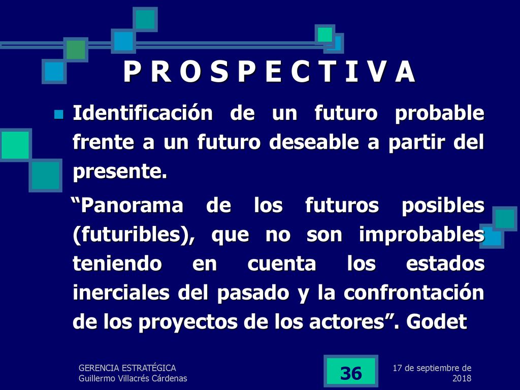 lunes, 17 de septiembre de 2018 P R O S P E C T I V A. Identificación de un futuro probable frente a un futuro deseable a partir del presente.