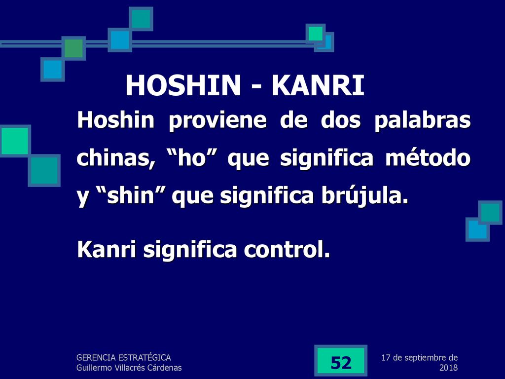 lunes, 17 de septiembre de 2018 HOSHIN - KANRI. Hoshin proviene de dos palabras chinas, ho que significa método y shin que significa brújula.