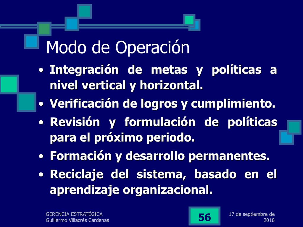 lunes, 17 de septiembre de 2018 Modo de Operación. Integración de metas y políticas a nivel vertical y horizontal.