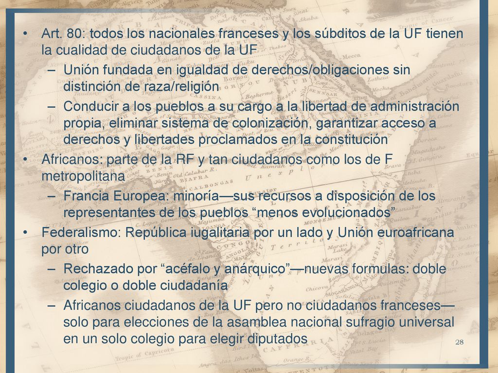 Art. 80: todos los nacionales franceses y los súbditos de la UF tienen la cualidad de ciudadanos de la UF