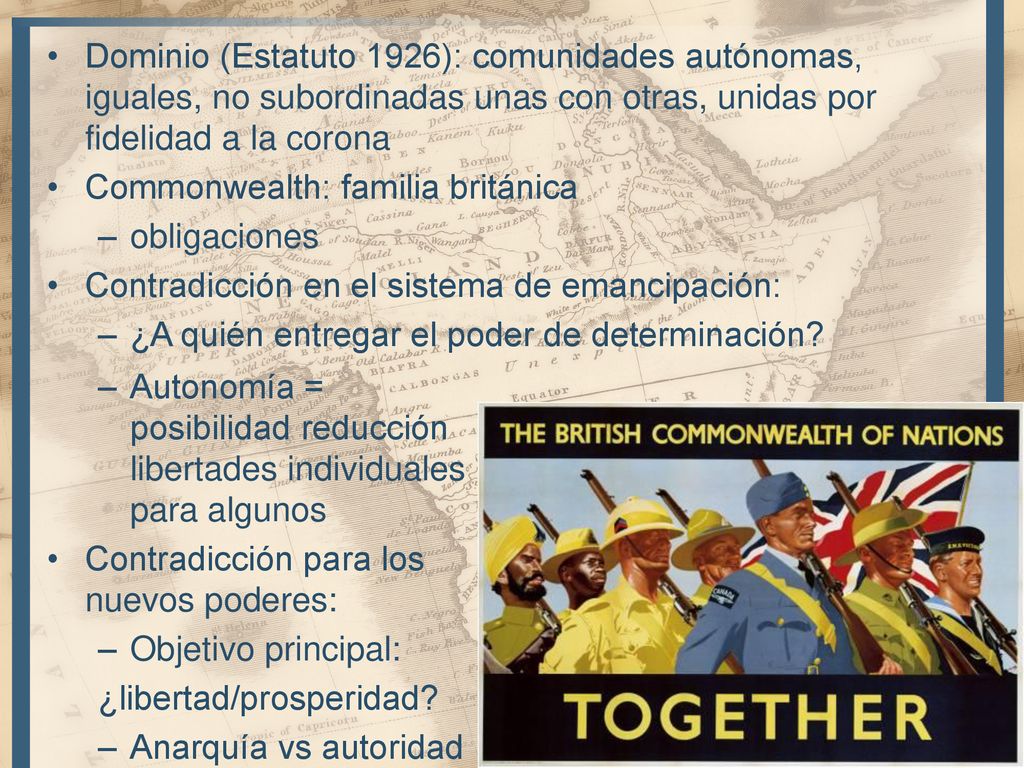 Dominio (Estatuto 1926): comunidades autónomas, iguales, no subordinadas unas con otras, unidas por fidelidad a la corona
