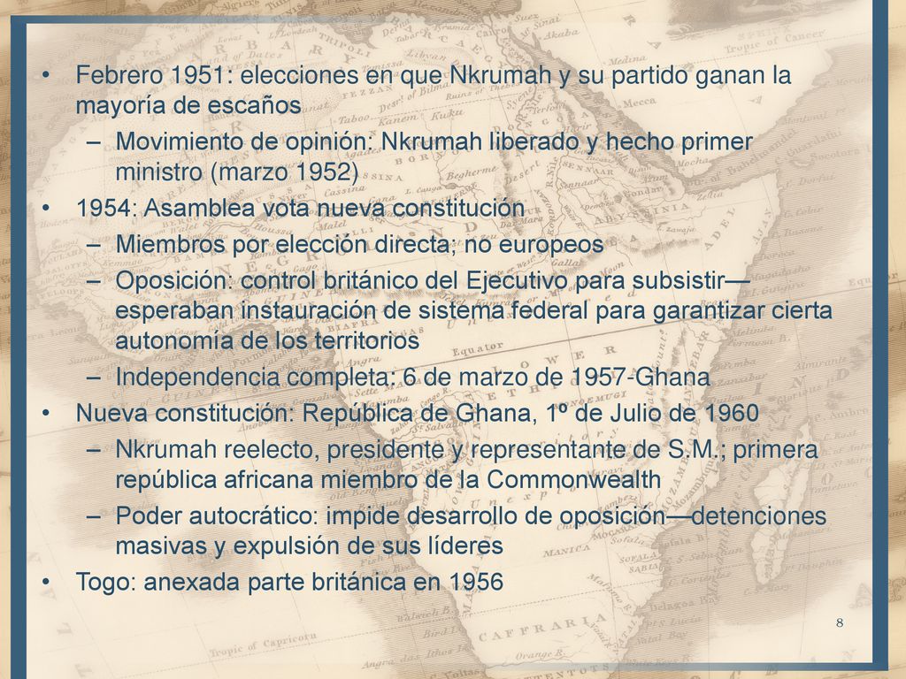 Febrero 1951: elecciones en que Nkrumah y su partido ganan la mayoría de escaños