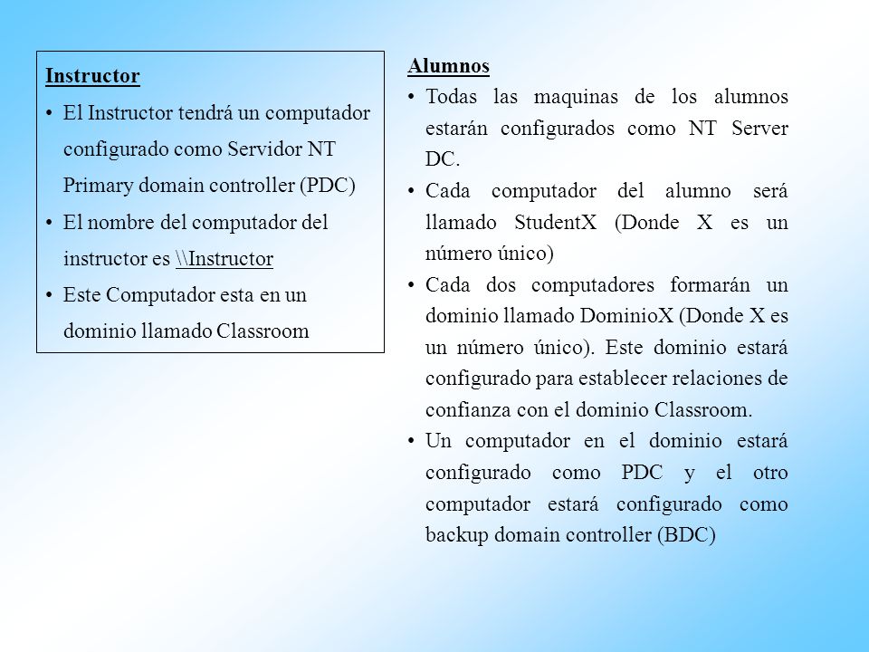 Alumnos Todas las maquinas de los alumnos estarán configurados como NT Server DC.