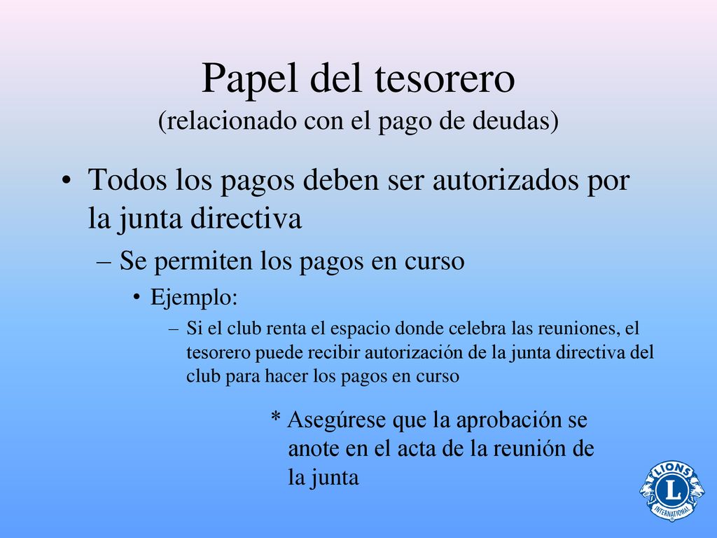 Papel del tesorero (relacionado con el pago de deudas)