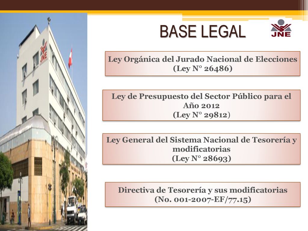 BASE LEGAL Ley Orgánica del Jurado Nacional de Elecciones (Ley N° 26486) Ley de Presupuesto del Sector Público para el Año 2012 (Ley N° 29812)