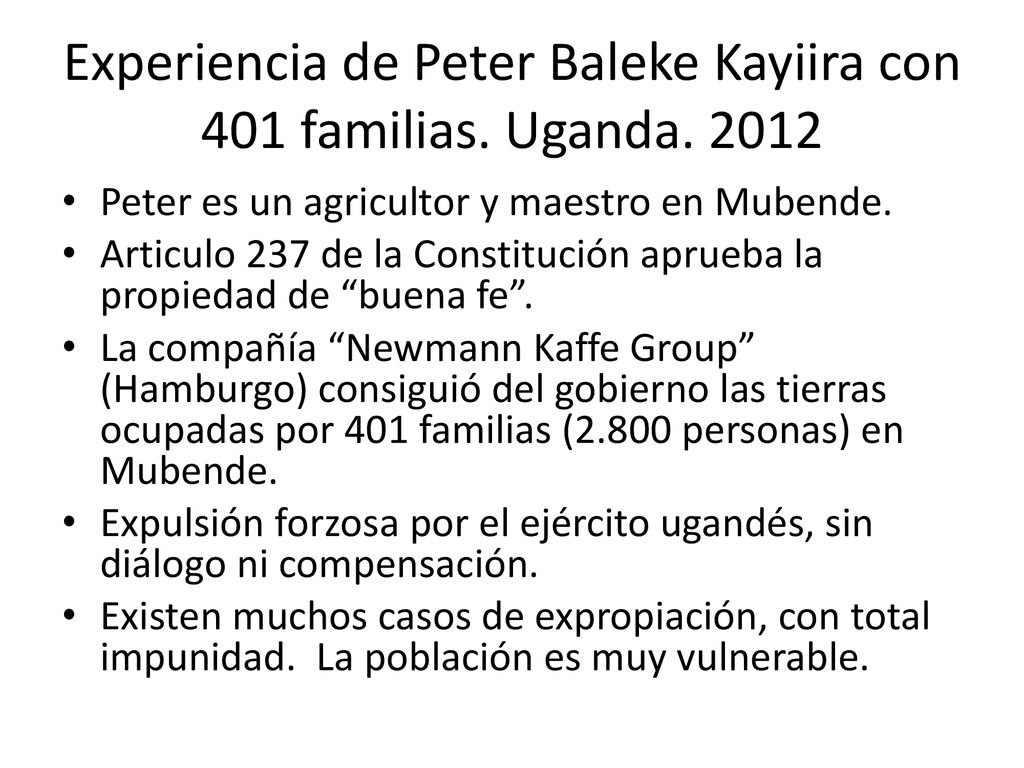 Experiencia de Peter Baleke Kayiira con 401 familias. Uganda. 2012