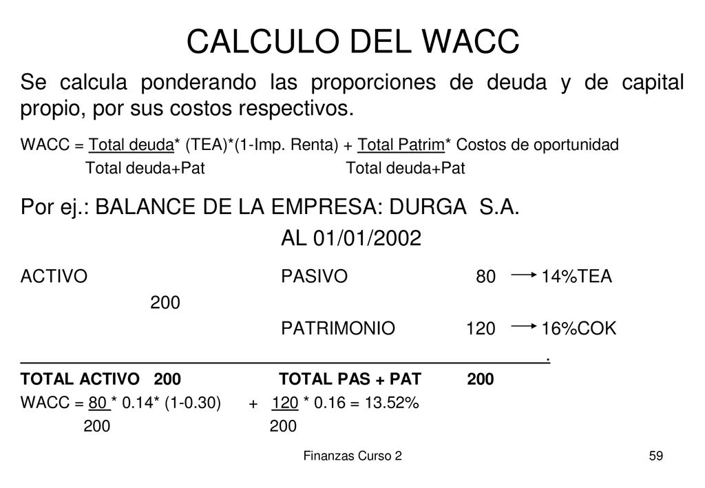 CALCULO DEL WACC Se calcula ponderando las proporciones de deuda y de capital propio, por sus costos respectivos.
