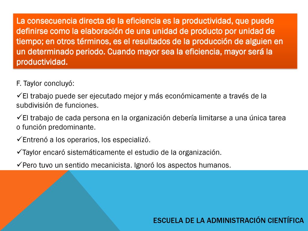 La consecuencia directa de la eficiencia es la productividad, que puede definirse como la elaboración de una unidad de producto por unidad de tiempo; en otros términos, es el resultados de la producción de alguien en un determinado periodo. Cuando mayor sea la eficiencia, mayor será la productividad.
