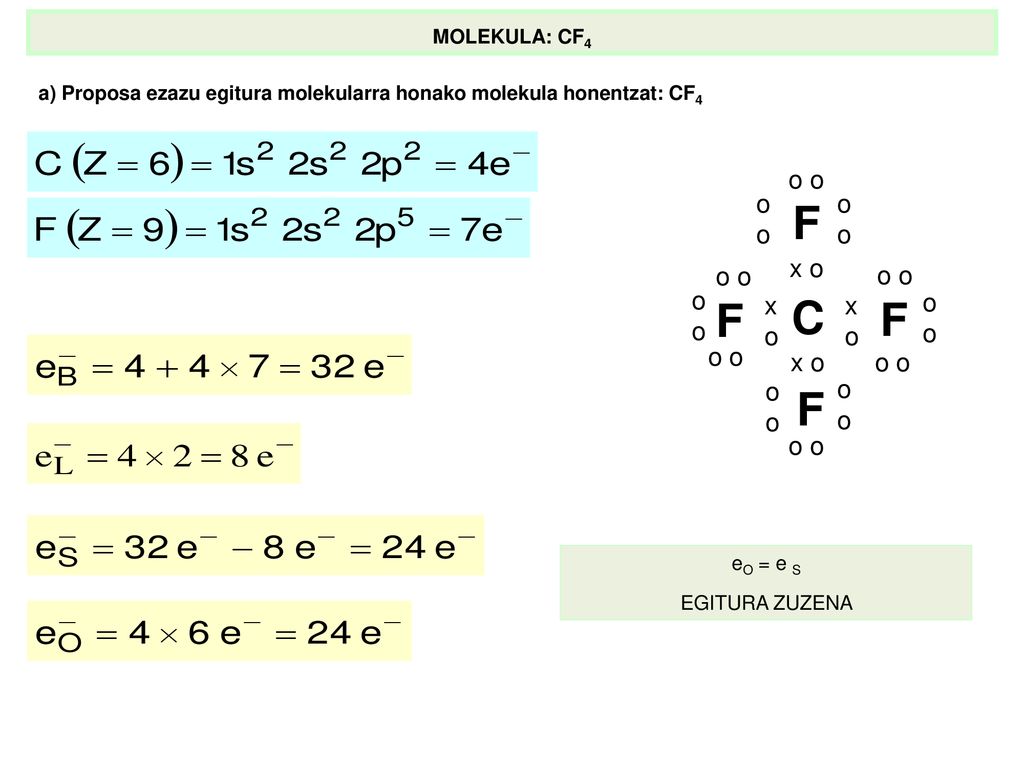 MOLEKULA: CF4 a) Proposa ezazu egitura molekularra honako molekula honentzat: CF4. C. x o. x. o.