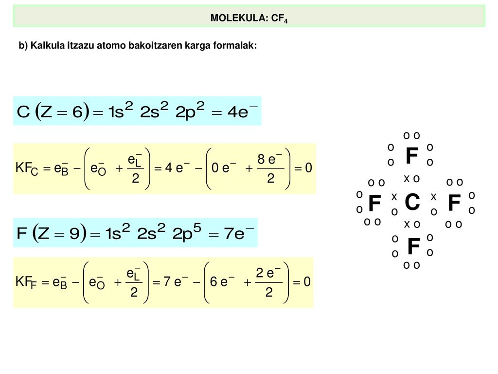 MOLEKULA: CF4 b) Kalkula itzazu atomo bakoitzaren karga formalak: C x o x o F o o