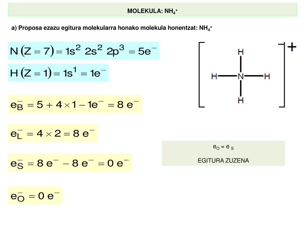 MOLEKULA: NH4+ a) Proposa ezazu egitura molekularra honako molekula honentzat: NH4+ eO = e S.