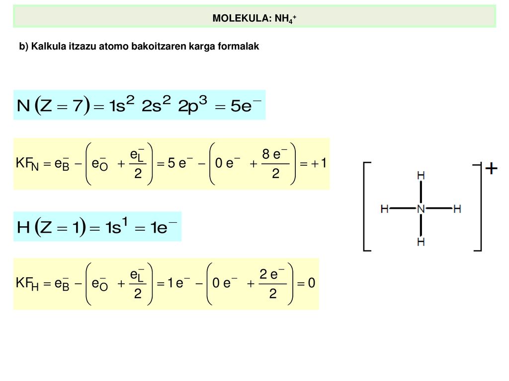 MOLEKULA: NH4+ b) Kalkula itzazu atomo bakoitzaren karga formalak