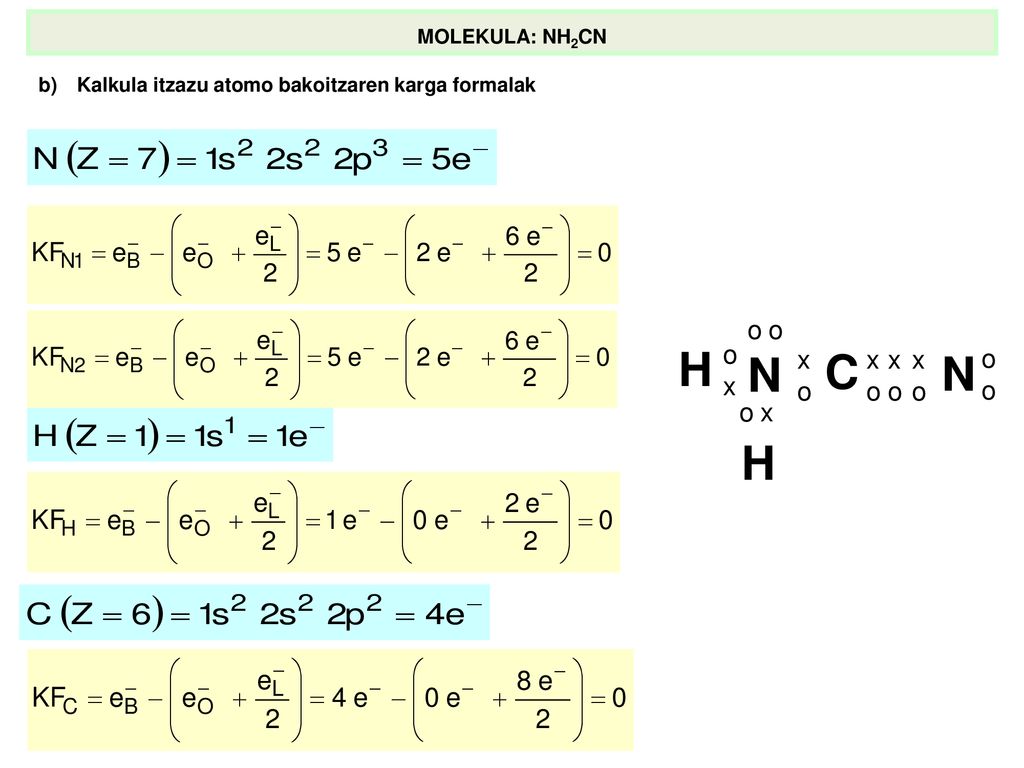 MOLEKULA: NH2CN b) Kalkula itzazu atomo bakoitzaren karga formalak