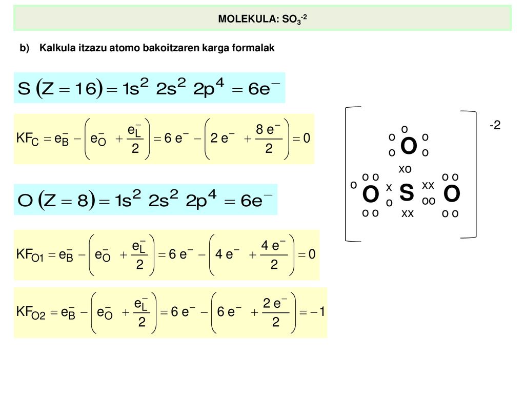MOLEKULA: SO3-2 b) Kalkula itzazu atomo bakoitzaren karga formalak
