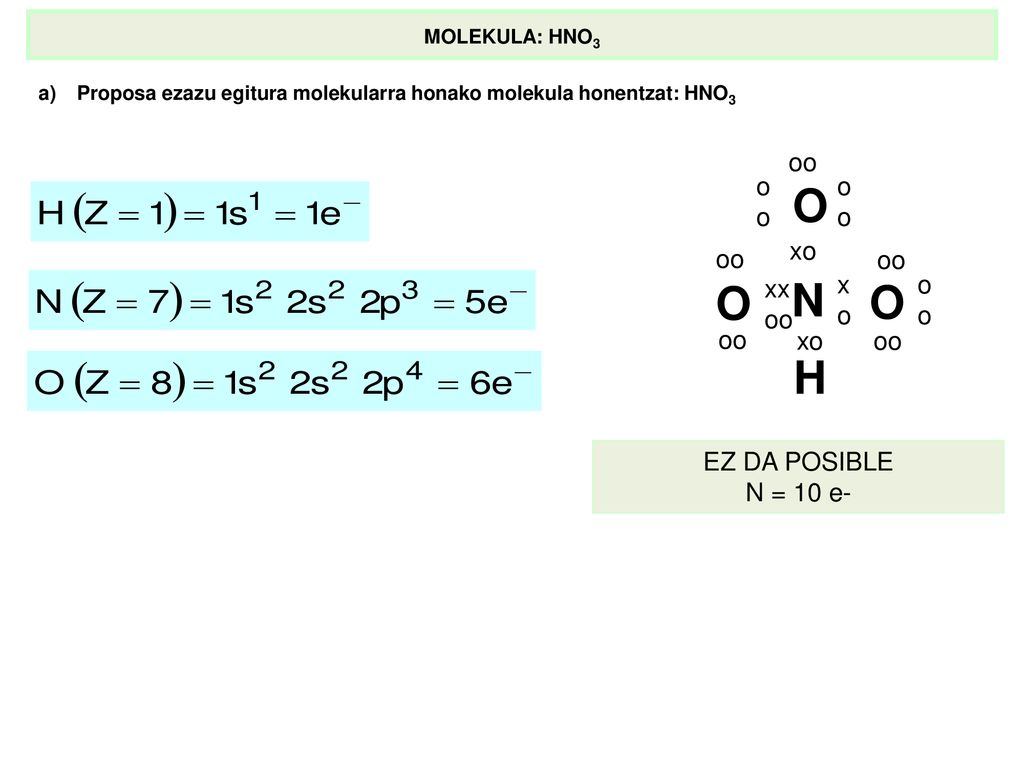 N O H xo x o xx oo oo o xo oo EZ DA POSIBLE N = 10 e- MOLEKULA: HNO3