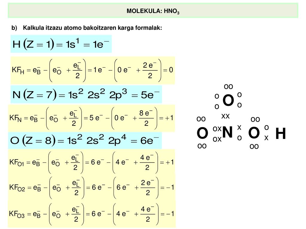 MOLEKULA: HNO3 b) Kalkula itzazu atomo bakoitzaren karga formalak: