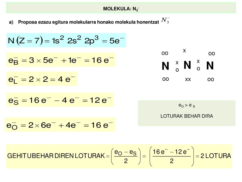 MOLEKULA: N3- Proposa ezazu egitura molekularra honako molekula honentzat. N. x. o. oo. xx. eO > e S.