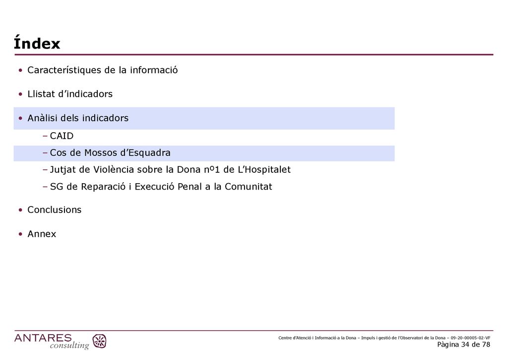 Índex Característiques de la informació Llistat d’indicadors